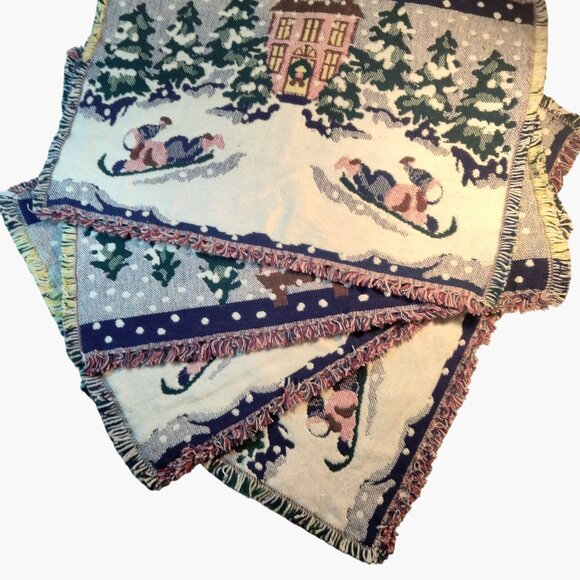 Sledding Snow Scene Tapestry Placemat Vintage Christmas Woven 18 x 14 lot 4 - Picture 3 of 10